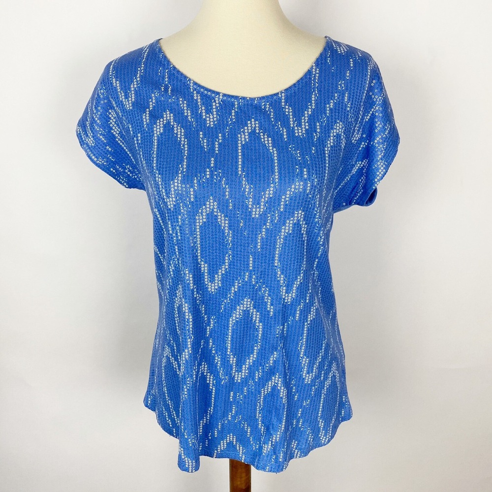 Crosby Sequin Ikat Front Scoop Neck‎ Short Sleeve Blouse Womens Small Sequined